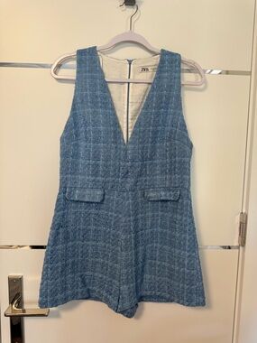 ZARA Light Blue Tweed V-Neck Romper
